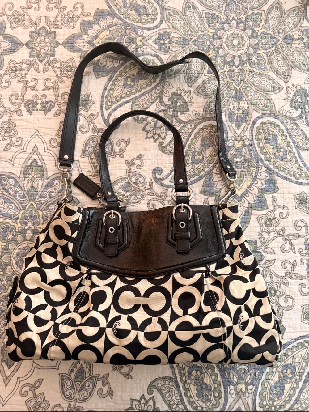 Coach Black and White Signature Circle-Print Shoulder Bag